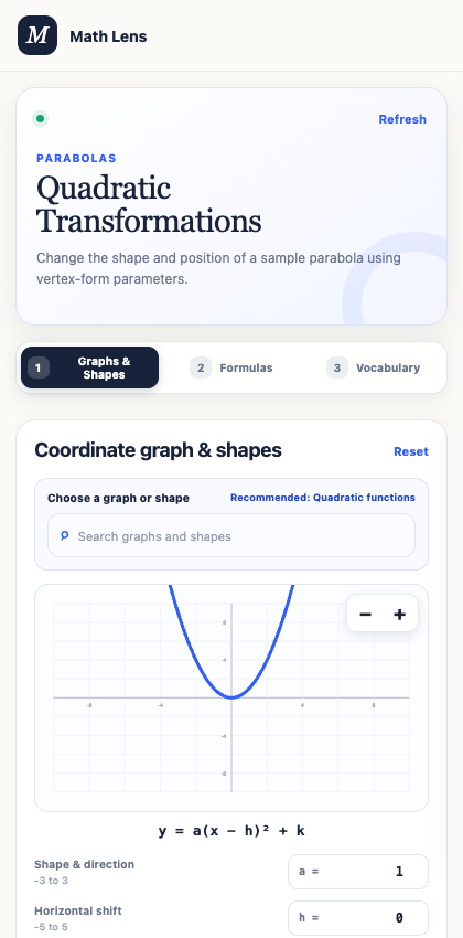 The actual Math Lens side panel showing a quadratic practice graph and adjustable controls